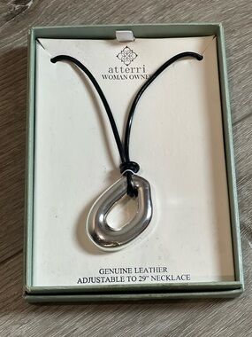 atterri Silver Link Pendant on Black Leather Cord Necklace